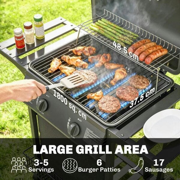 Bobobiy Gas Burner Barbecue Grill, 2 Burner Gas Grill with Side Tables, Warming Rack, Shelf, Thermometer, Grease Tray, Black