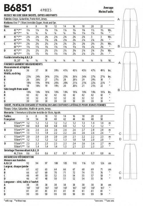 Butterick Sewing Pattern 6851, Shorts, Trousers for Women, A (6-8-10-12-14-16-18-20-22) - Intermediate