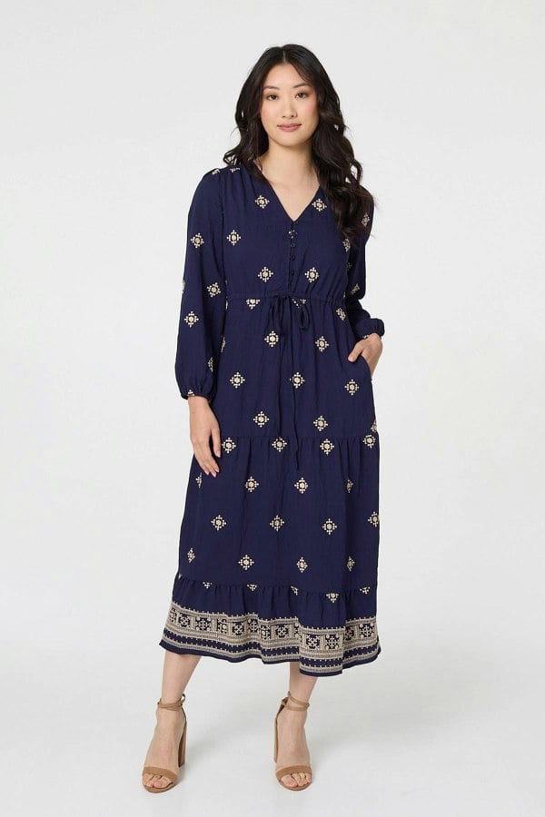 Navy | Border Print Long Sleeve Midi Dress

