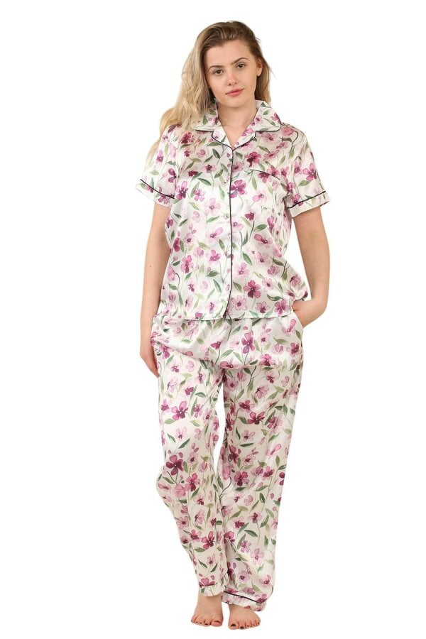 Luxury Floral Satin Pajama Set for Women - Short Sleeve Button-Up Top and Long Pants With pockets