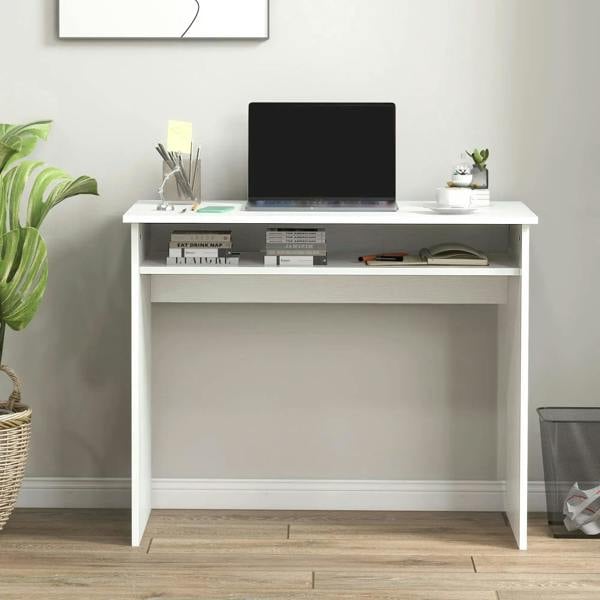 White wood-grain writing desk with open shelf and spacious tabletop for laptop use