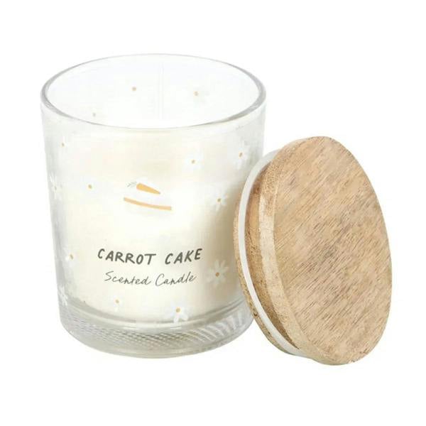 Carrot cake scented candle in clear glass jar with open wooden lid