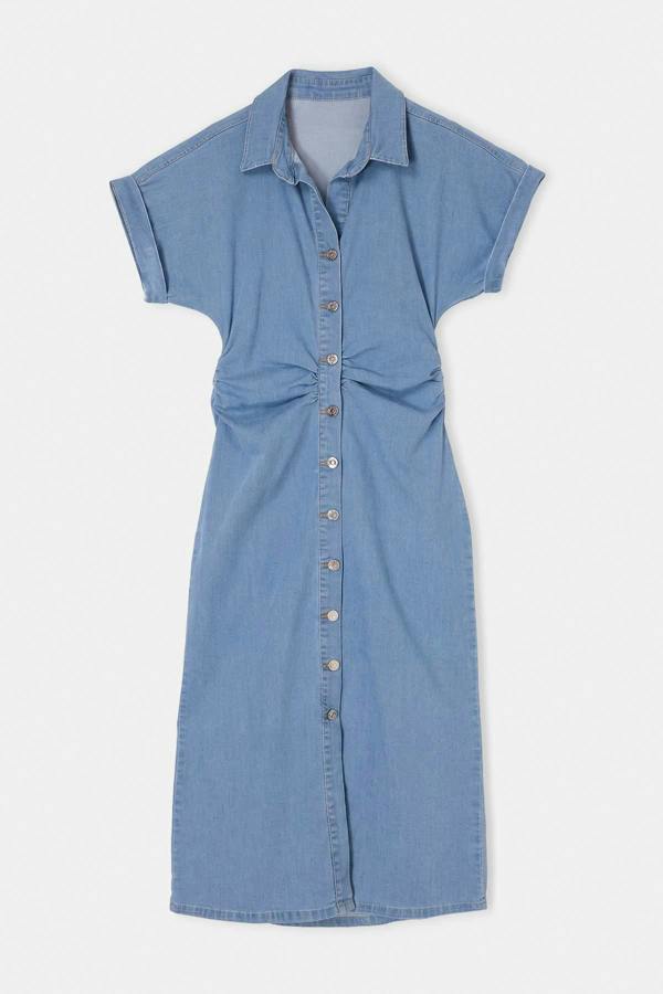 WOVCOR Shirt Collar Short Sleeve Button Front Bodycon Midi Dress