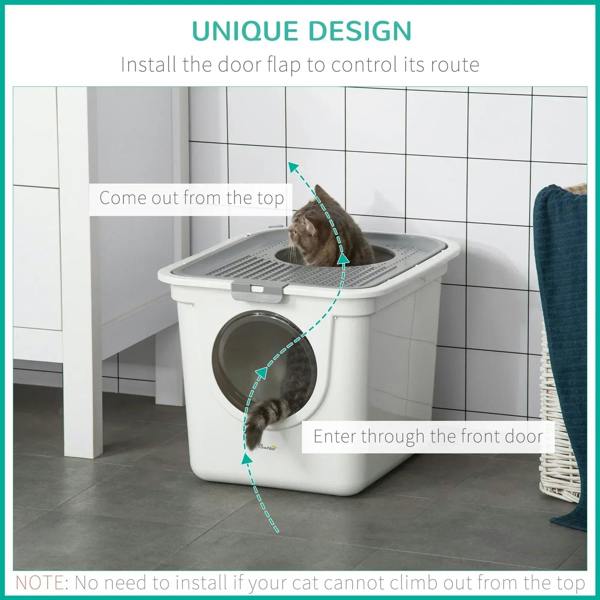White enclosed litter box with front entrance and top exit opening above cat