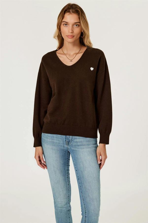 FS Collection Heart Embroidered Knit Jumper Top In Brown