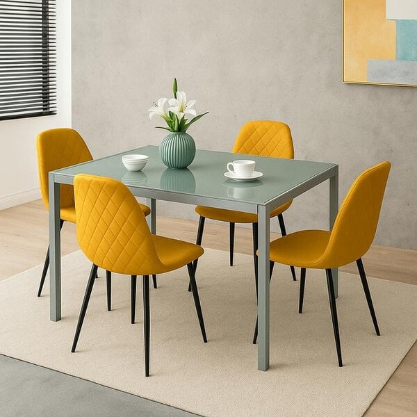Kosy Koala Modern Grey Glass Dining Table Set with 4 Mustard Gem Pattern Chairs Dining Room Furniture