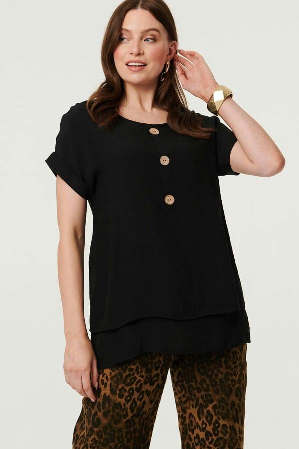 Black | Layered Hem Short Sleeve Tunic Top