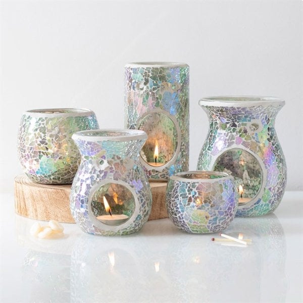 Serano Pillar Light Blue Iridescent Crackle Oil Burner and Wax Warmer