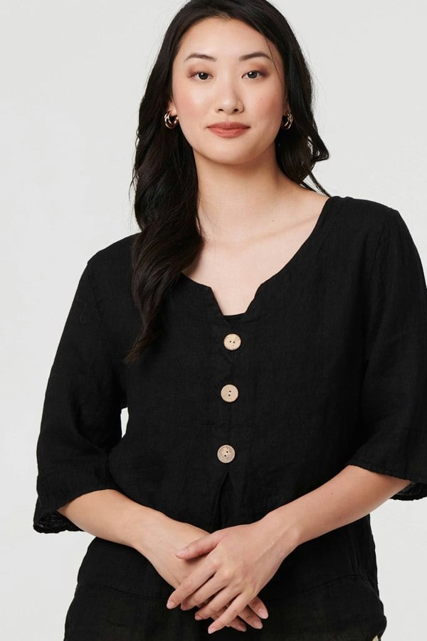 Black | Button Detail 3/4 Sleeve Relaxed Blouse
