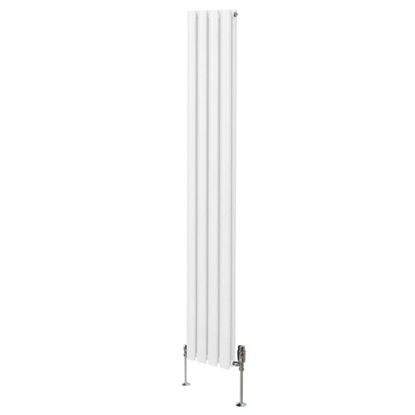 Oval column radiator in white, 1800mm x 240mm, featuring a sleek design with smooth vertical panels and included valves