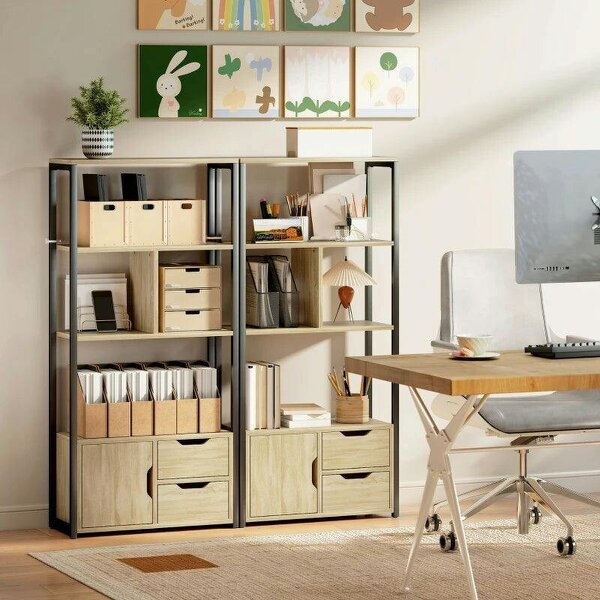 4-Tier Bookcase, Bookshelf with 1 Cabinet and 2 Drawers for Living Room, Bedroom, Study, Natural Wood