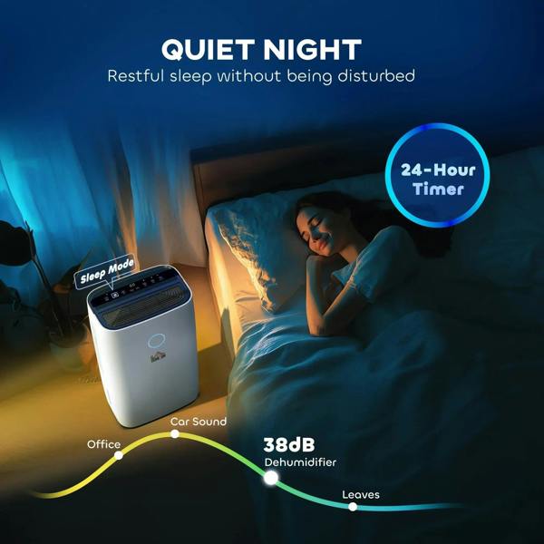 White portable dehumidifier with green LED indicator light in a corner