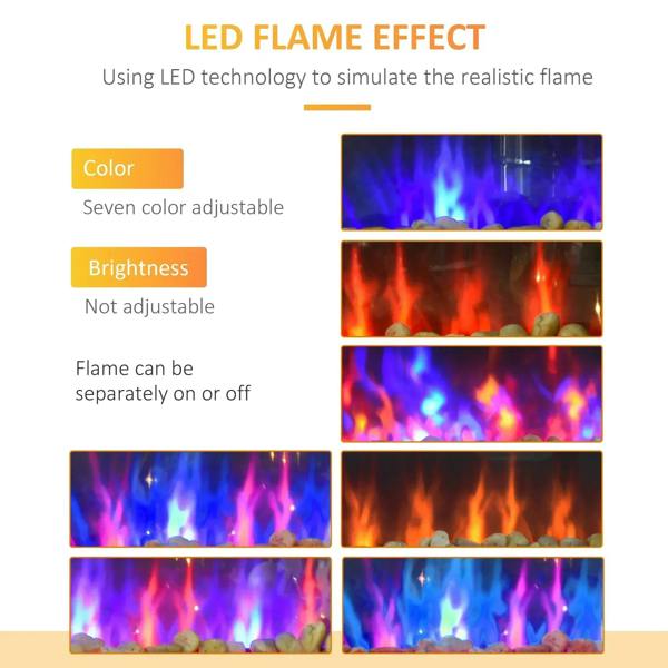 LED electric fireplace flame effect color options with sample flame images, product screen shown