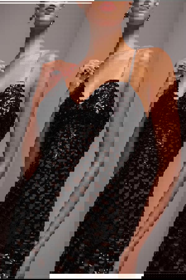 Diamante Strap Fish Scale Sequin Maxi Dress - Black DR4276