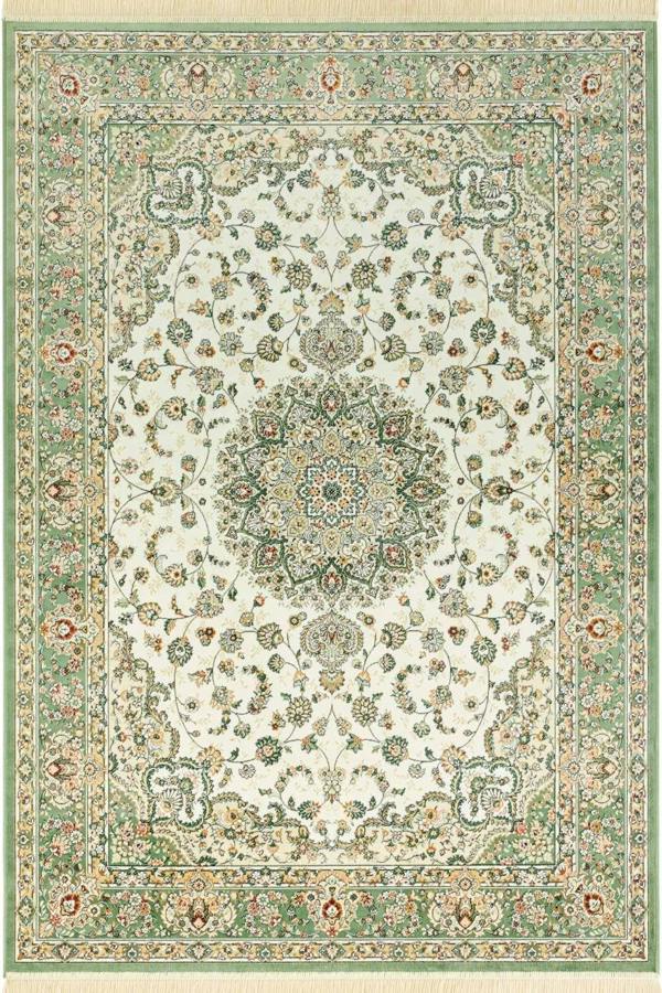 Oriental Velvet With Fringes Antik Nain Green Rug, soft pile, easy care.