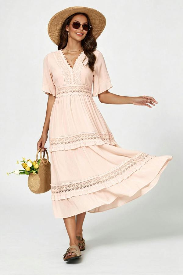FS Collection V Neck Lace Detail Midi Dress In Soft Champagne