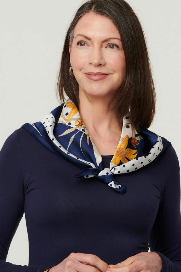 Navy | Floral Border Print Satin Texture Scarf