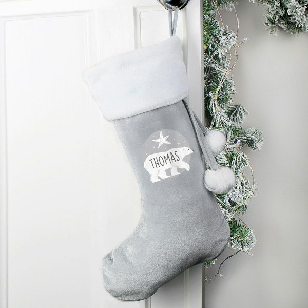 Personalised Memento Company Personalised Polar Bear Luxury Silver Grey Stocking