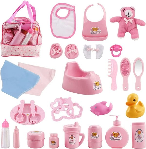 deAO Toys 28 Piece Baby Doll Accessories Bag Baby Feeding Accessories Clothes