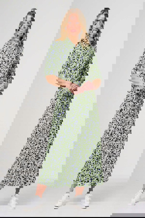 Green | Printed Long Sleeve Midi Shirt Dress
