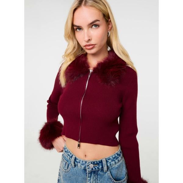 Pink Vanilla Fur Trim Zip Through Cardigan