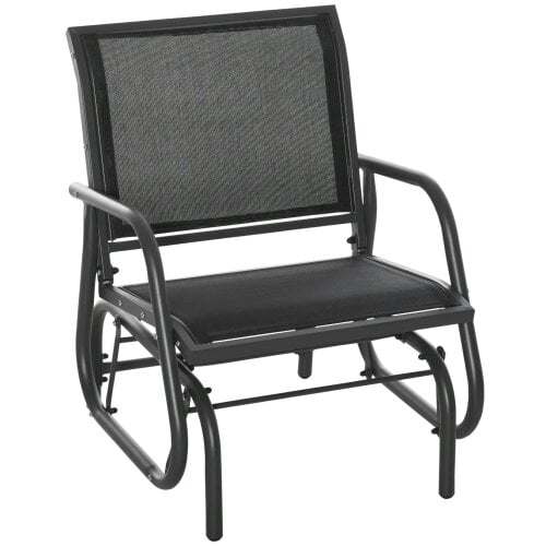 Bobobiy Outdoor Garden Glider Chair, Metal Frame Single Armchair Swing Seater with Breath Mesh Fabric Seat, Curved Backrest, Armrests, Dark Grey