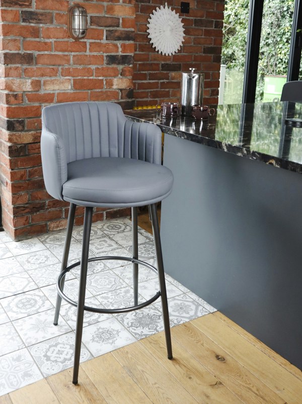 MMT Furniture Designs MMT Bar Stools Set of 2, Retro Swivel Design, PU Leather in Tan or Grey with Footrest