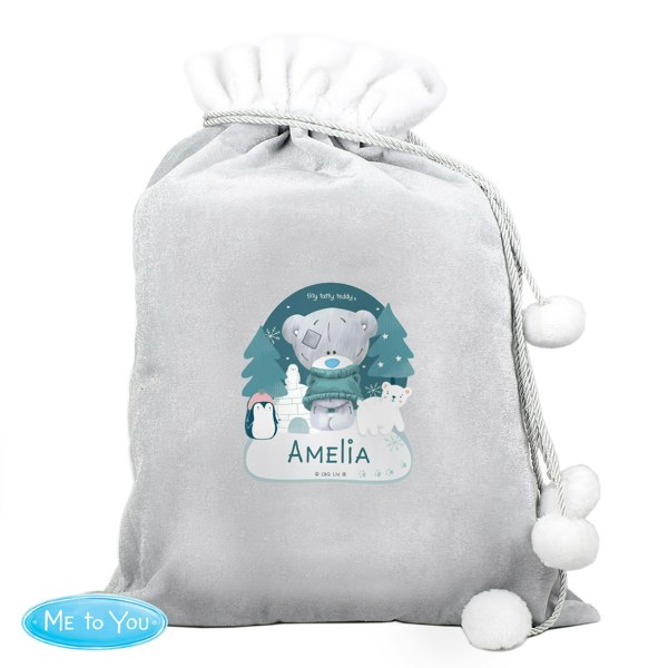 Personalised Memento Company Personalised Winter Explorer Tiny Tatty Teddy Luxury Silver Grey Pom Pom Sack