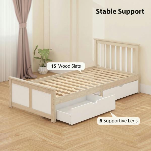 HOMCOM Storage Bed with 2 Drawers, Headboard, Wood Slat Support, Natural