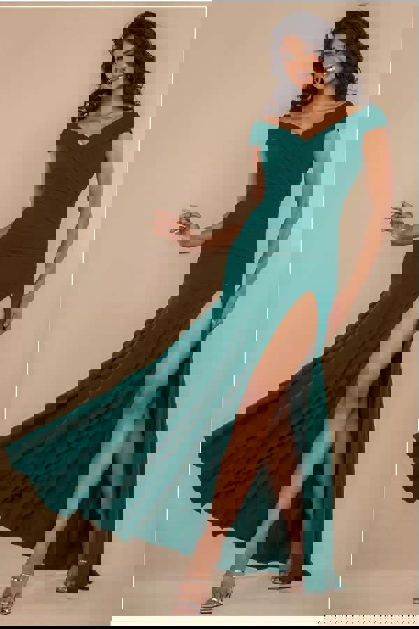 Scuba Crepe Off Shoulder Front Split Maxi Dress - Emerald Green DR2930SC
