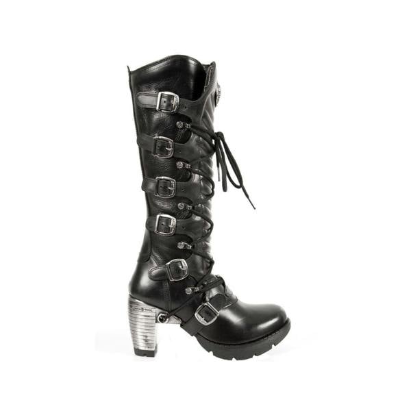 New Rock Ladies Black Buckle Laced Knee-High Boots- TR004-S1