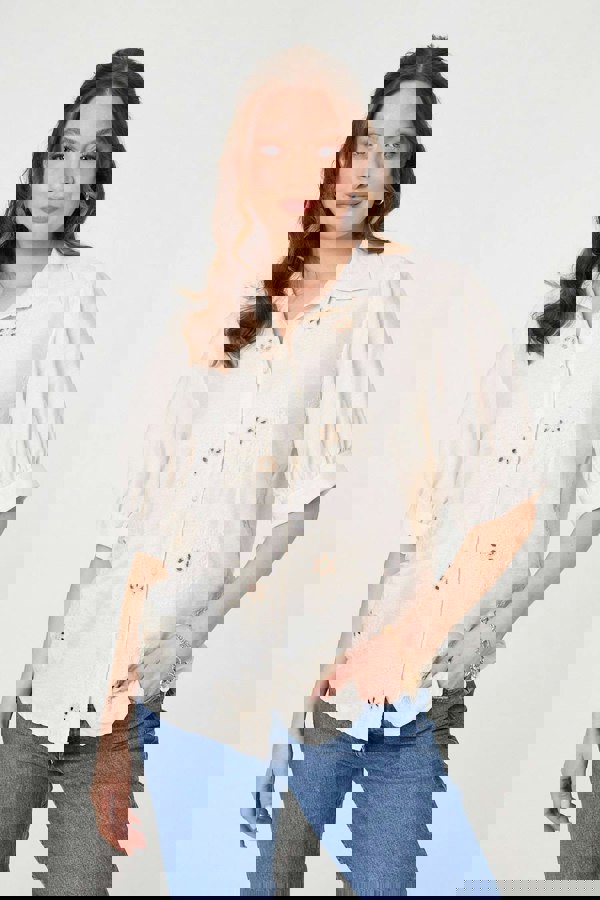 Cream | Floral Embroidered Puff Sleeve Blouse
