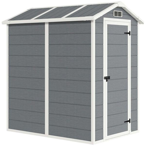 Grey plastic garden shed with lockable door, roof panels, and front vent