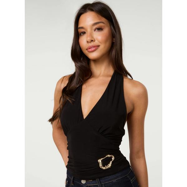 Pink Vanilla Slinky Gold Buckle Halter Neck Top