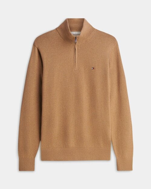 Tommy Hilfiger Organic Cotton Cashmere Mens Zip-Mock Sweater - Safari Canvas Heather