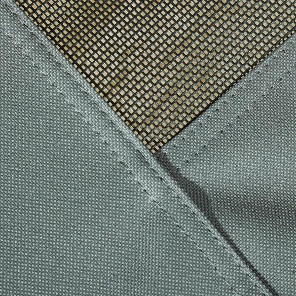 Close-up of grey breathable mesh and seam on elevated pet cot