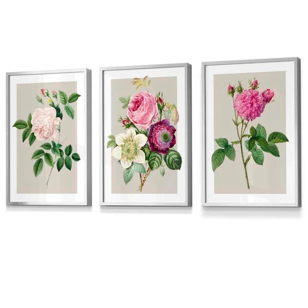 Artze Wall Art Vintage Pink and White Roses Set of 3 Framed Prints