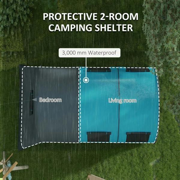 Grey and blue two-room tunnel camping shelter with internal divider wall
