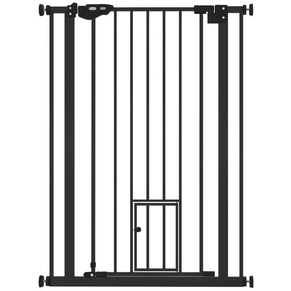 Black indoor pet gate with vertical bars and small cat flap section