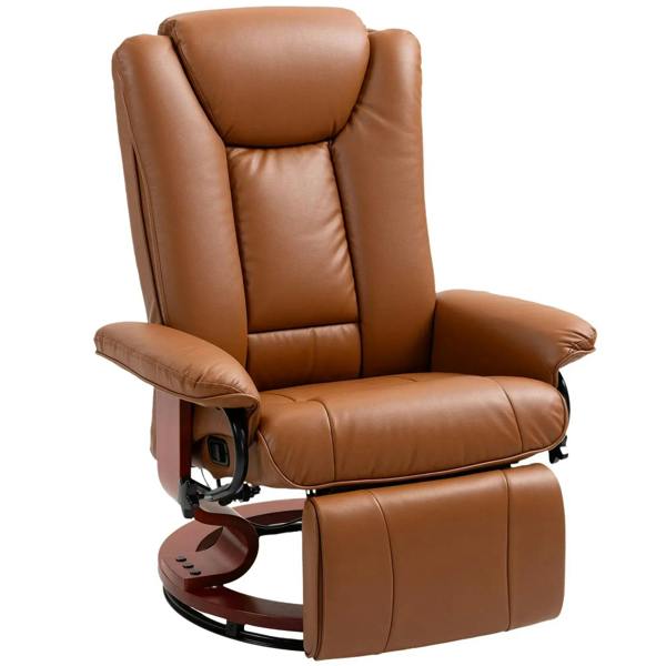 Brown faux leather recliner chair with padded arms, split back, and extending footrest