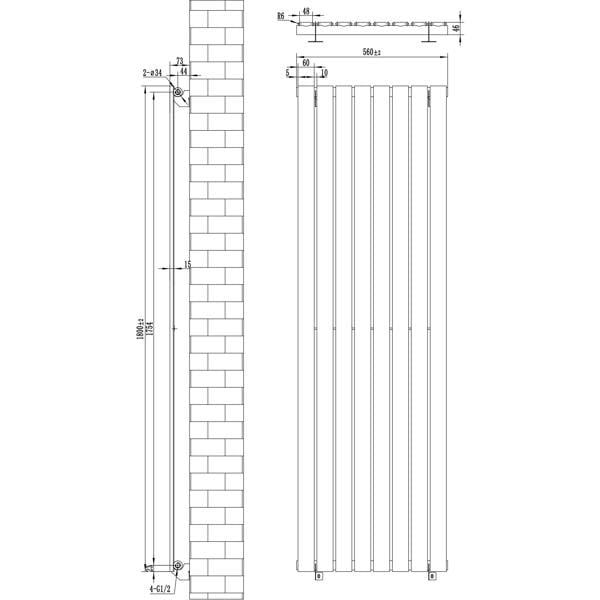 Flat single column radiator in anthracite grey, measuring 1800 x 560mm, featuring a sleek, modern design and vertical orientation