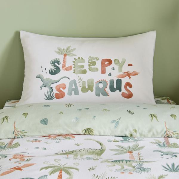 Catherine Lansfield Brushed Sleepy Saurus Dino Cotton Reversible Duvet Cover Set Cream