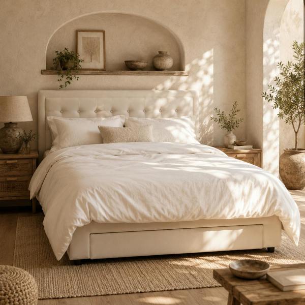 Wyld Haus Double 4FT6 Ottoman Bed Frame with Front Divan Drawer Storage Cream
