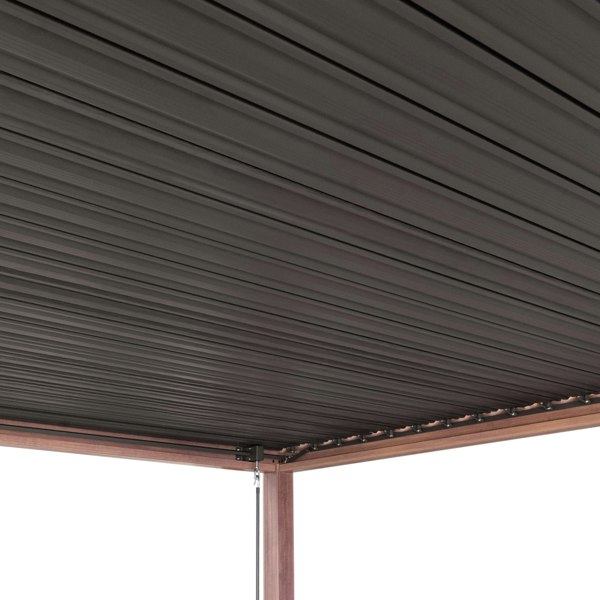 Wood effect aluminum pergola with adjustable blinds, featuring a sleek dark finish and modern design, perfect for outdoor spaces