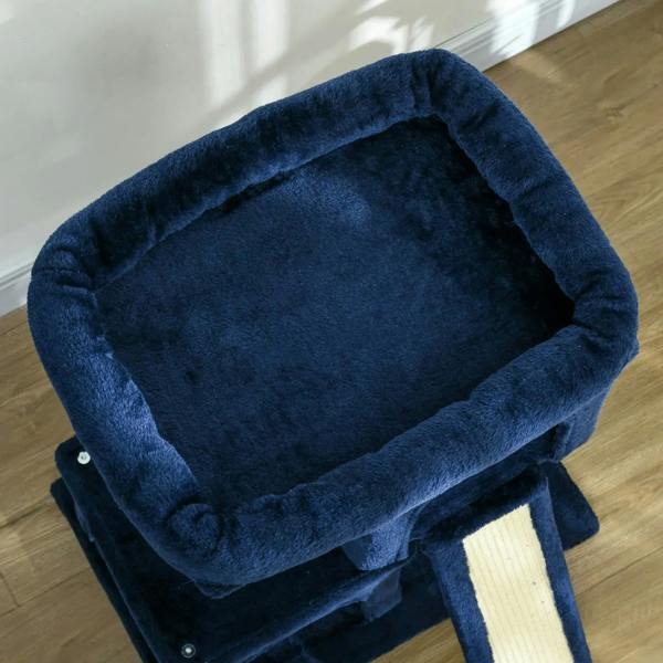 Navy blue plush cat tree ramp bed with raised edges and dark blue side panels