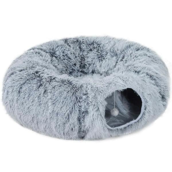 Light grey plush cat tunnel bed with circular entrance