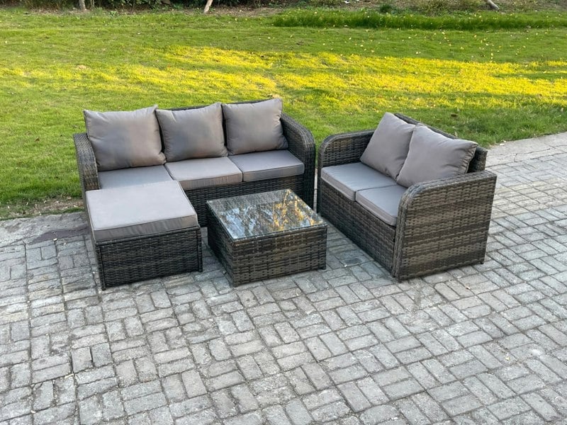 Fimous PE Rattan Garden Furniture Sets 6 Seater Outdoor Lounge Sofa Set Square Coffee Table Big Footstool