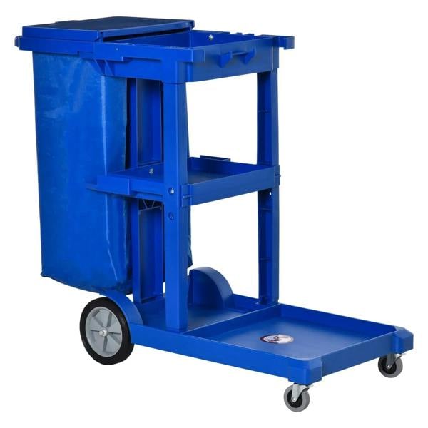 Blue janitor cleaning trolley with bin, shelves, hooks and platform on 4 wheels