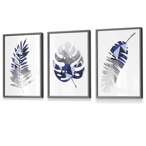 Artze Wall Art GEOMETRIC Set of 3 Blue & Grey Tropical Leaves Framed Prints