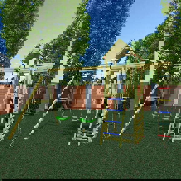 Gaia Climbing Frame Tower with swings climbing rope and slide - Best Shed